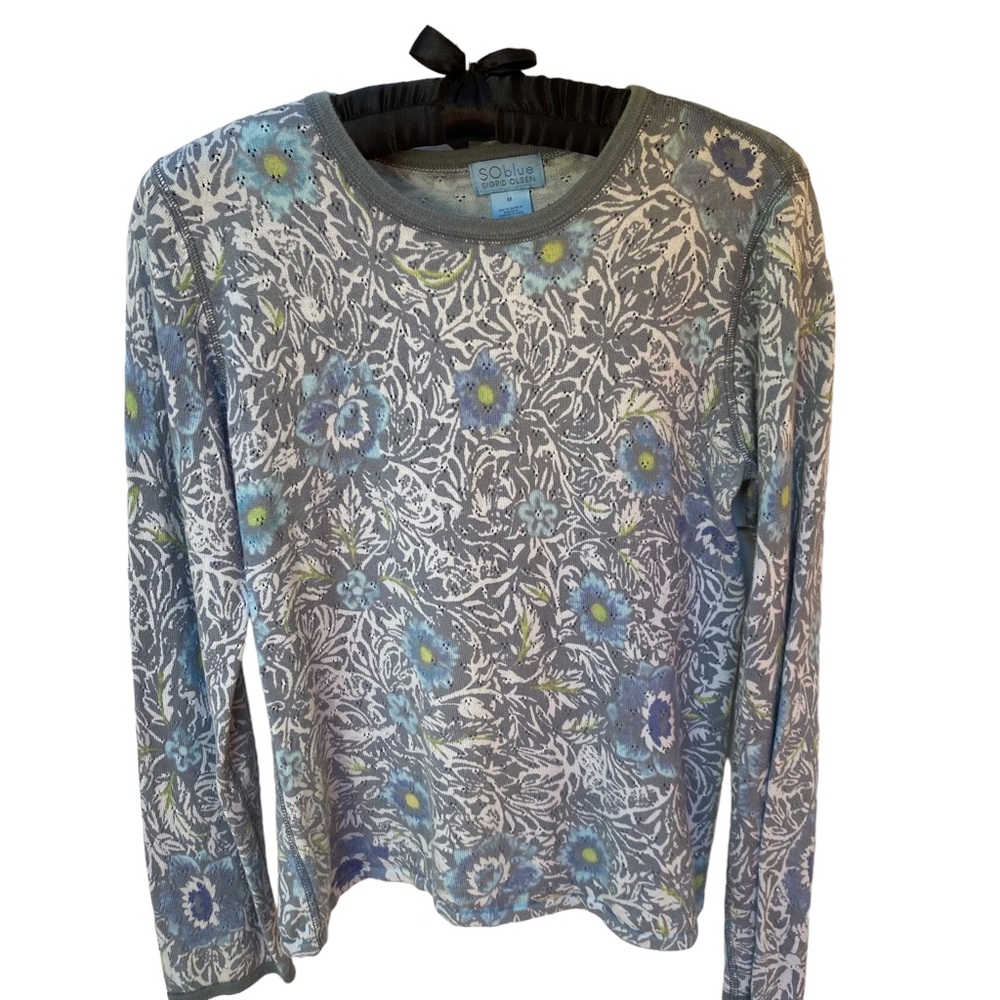 Sigrid Olsen So Blue Floral Sweater Size M Button Shoulder 100% Cotton EUC